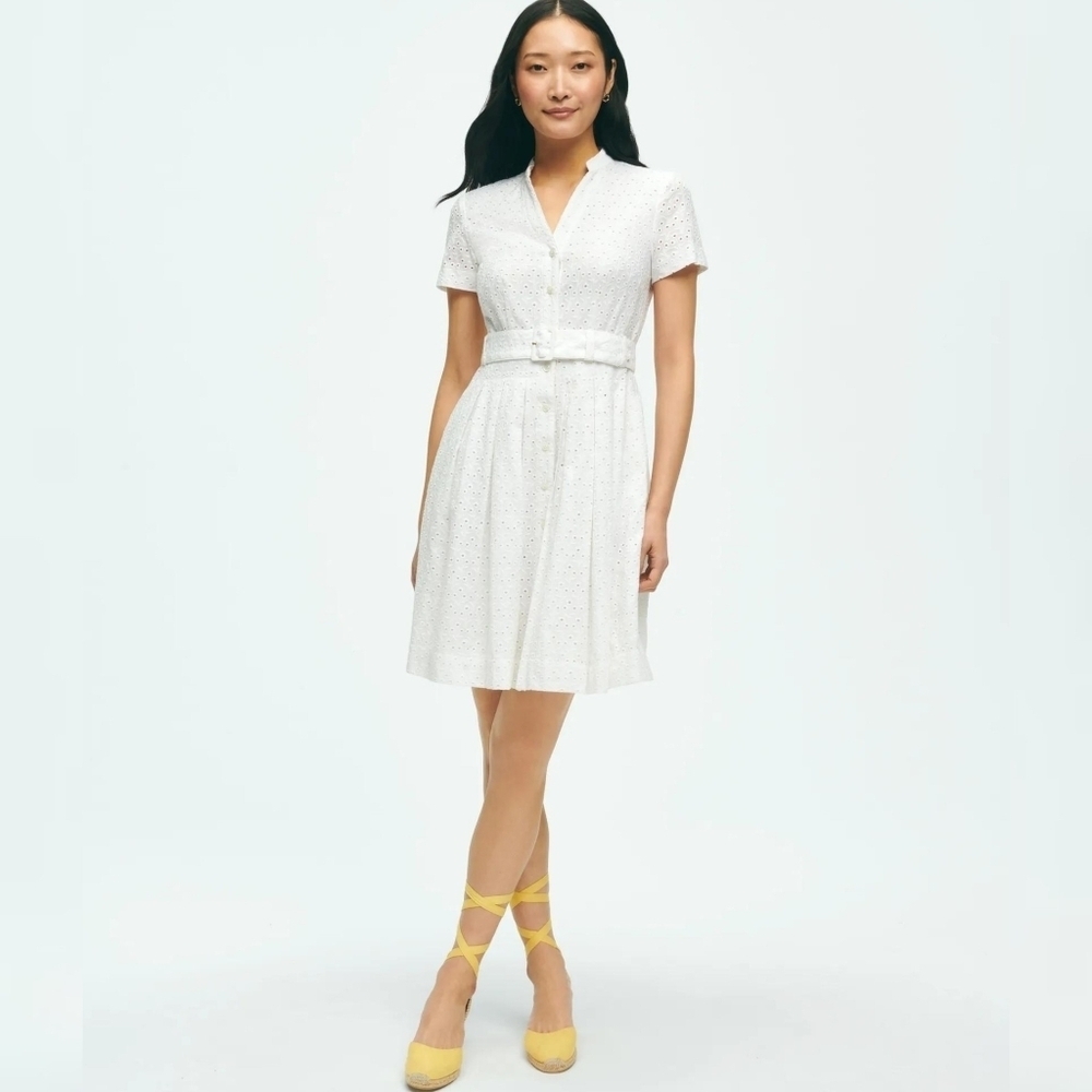 NWT Brooks Brothers White Eyelet Button-Front Belted Shirt Dress, Size 8